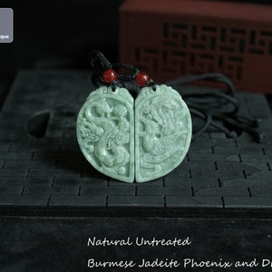 Par de colgantes de jadeíta de dragón y fénix con collar de cuerda - Colgante de jade birmano tallado a mano para pareja, jade natural sin tratar de grado A