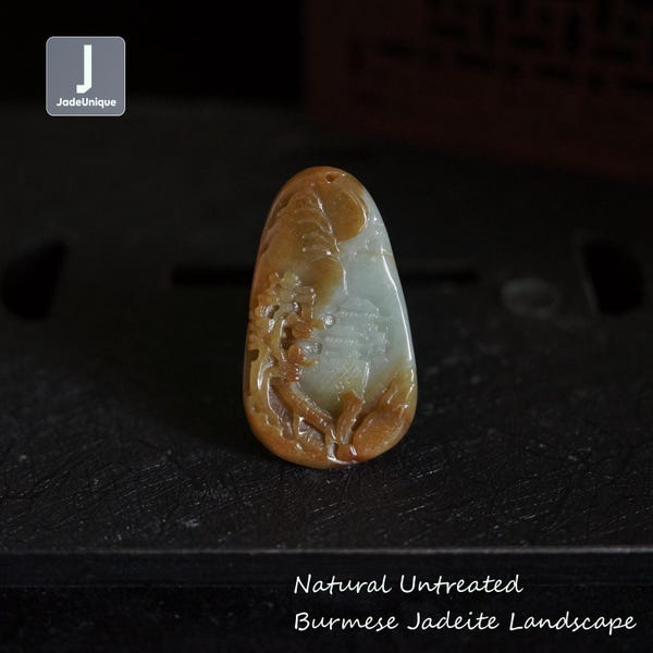 日本の夕日 - ネックレス用手彫りビルマ翡翠ペンダント - 天然未処理グレード A 翡翠 (認定済み)