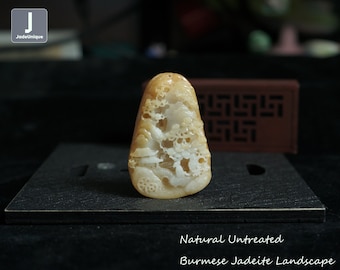 Jadeite Landscape Pendant for Necklace - Hand Carved Burmese Jadeite, Natural Untreated Grade A Jade (Certified)