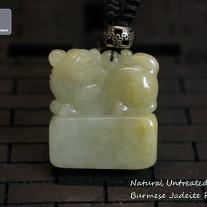 Oriental Signature Seal - Hand Carved Burmese Jadeite Pixiu Pendant, Natural Untreated Grade A Jade - Feng Shui for Wealth and Luck