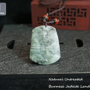 Hand Carved Landscape Pendant, Burmese Jadeite Pendant with String Necklace, Natural Untreated Grade A Jade