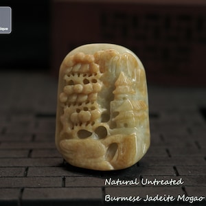 Mogao Caves Hand Carved Jadeite Landscape Pendant - Burmese Jadeite Pendant for Necklace, Natural Untreated Grade A Jade