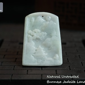 Jadeite Intaglio Landscape Pendant - Hand Carved Burmese Jadeite Pendant for Necklace, Natural Untreated Grade A Jade