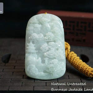 The Mighty Nature - Hand Carved Jadeite Landscape Pendant - Certified Burmese Jadeite with String Necklace, Natural Untreated Grade A Jade