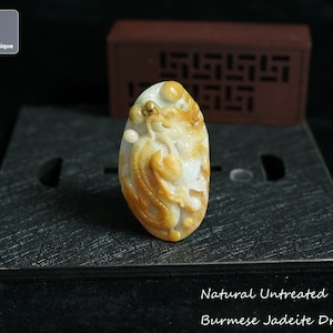 Jadeite Dragon Pendant - Hand Carved Burmese Jadeite Pendant for Necklace, Certified Natural Untreated Grade A Jade