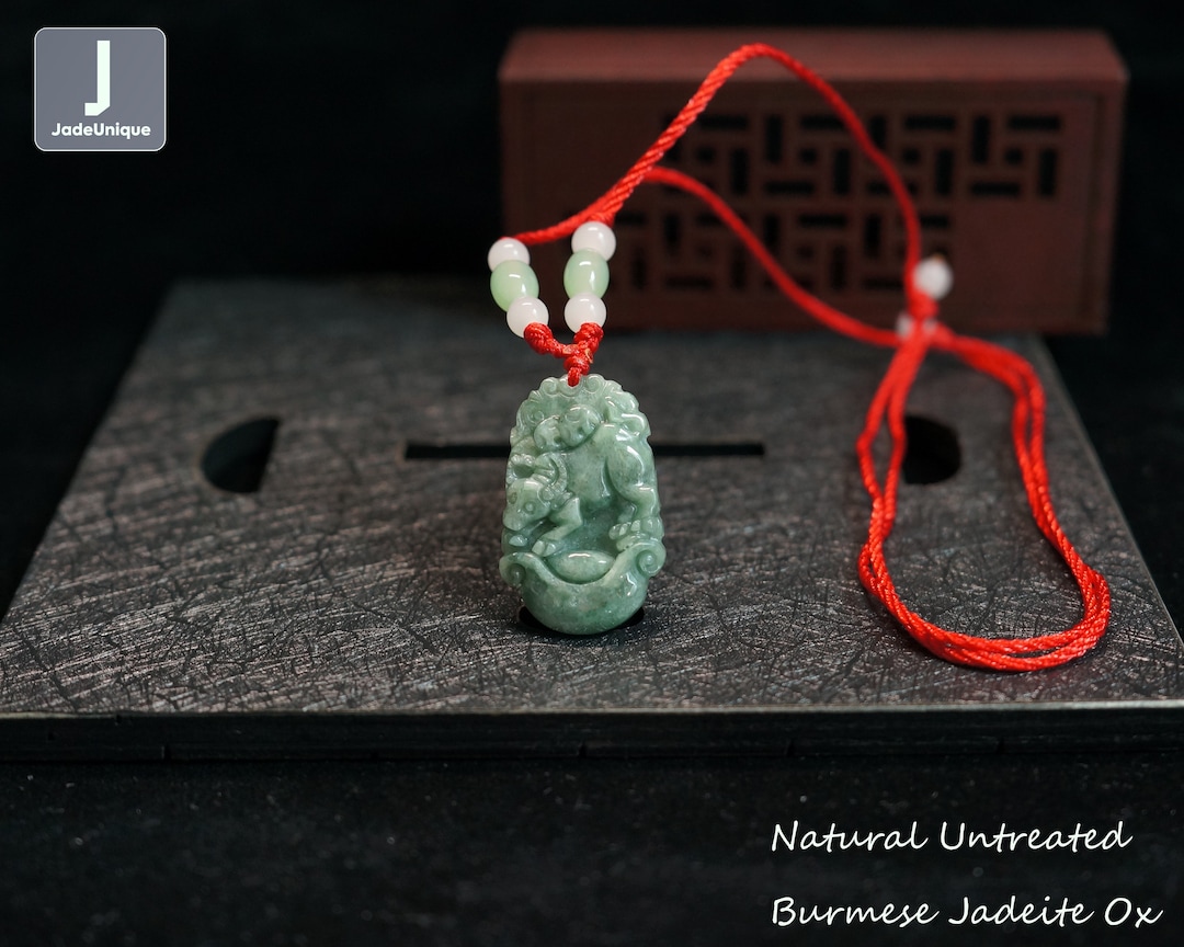 Jadeite Ox With String Necklace Hand Carved Burmese Jadeite Pendant