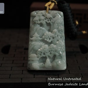 Secret Garden Hand Carved Jadeite Landscape Pendant - Certified Burmese Jadeite Pendant with String Necklace, Natural Untreated Grade A Jade