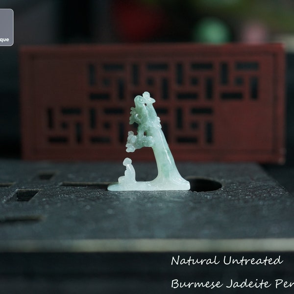 マインドフルネス ツリー - ネックレス用手彫りビルマ翡翠ペンダント、天然未処理グレード A 翡翠 (認定済み)