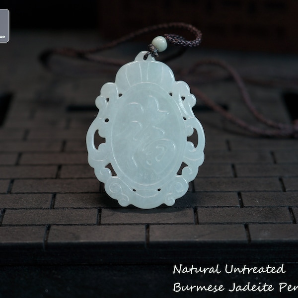 Pure Bliss - Chinese Character Jadeite Pendant with String Necklace - Hand Carved Burmese Jadeite, Natural Untreated Grade A Jade