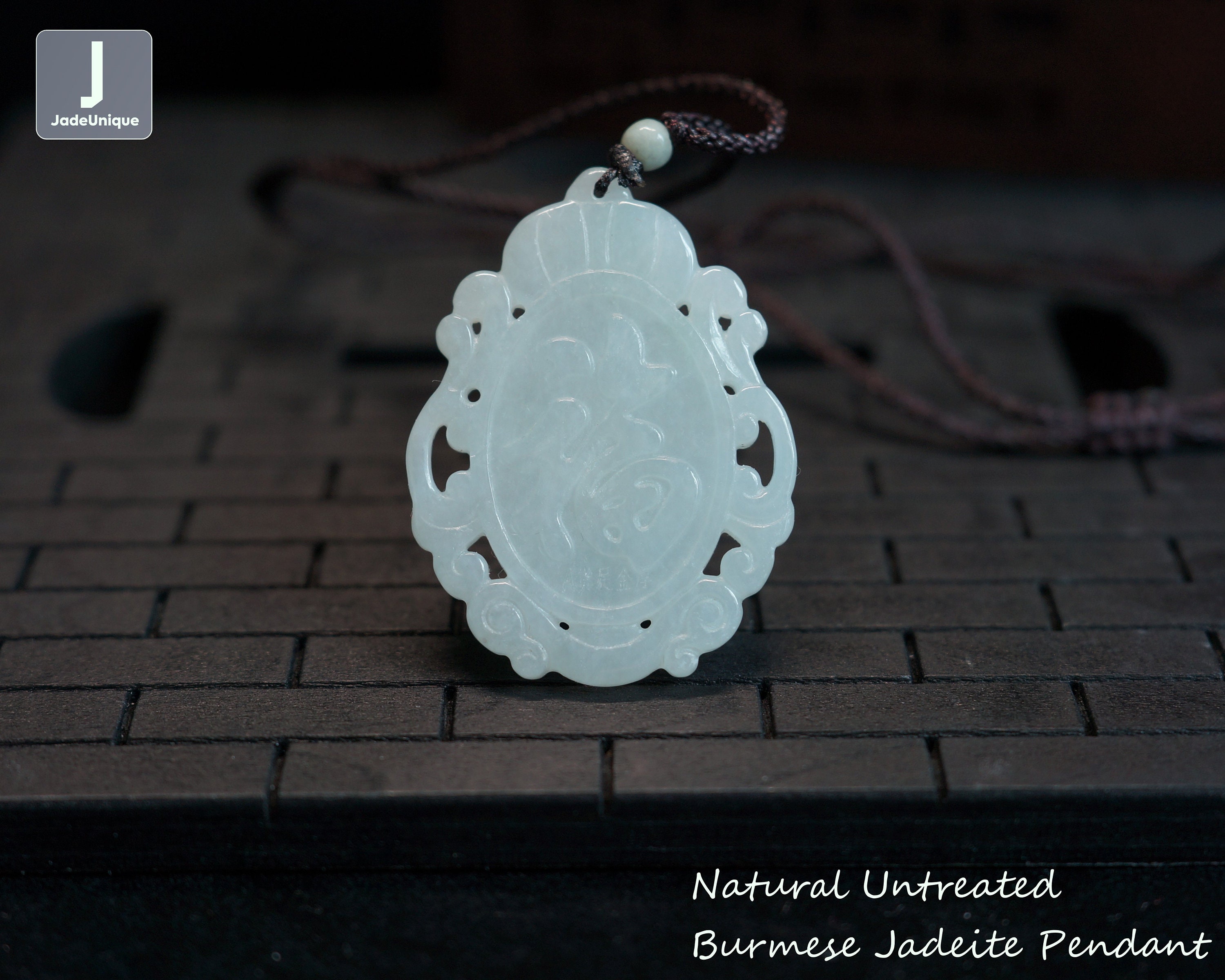 Pure Bliss - Chinese Character Jadeite Pendant with String Necklace - Hand Carved Burmese Jadeite, Natural Untreated Grade A Jade