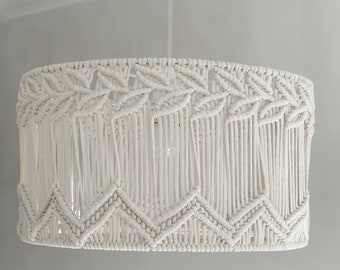 Boho Cotton Macrame Chandelier Lampshade Hand Knotted Artisan Light, Crochet Style Hanging Pendant Modern Rustic Bedroom Ceiling Decor