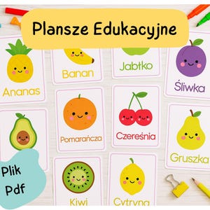 Poolse fruit-flashcards voor kinderen | Poolse afdrukbare activiteit | Leer Pools | Educatieve kaarten | Edukacyjne karty owocowe | Nauka owoców