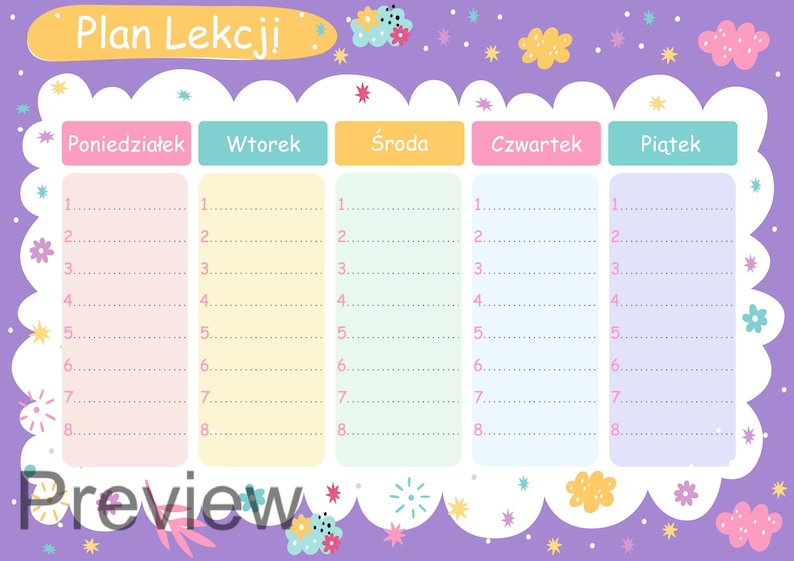 Plan Lekcji Do Druku Kraina Lodu - Plan Lekcji Do Druku | Polish School Timetable Printable | Polish