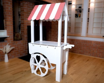 Candy Cart Mini 5ft Tall, Sweets drinks Cake Stand, Gloss White Sturdy Folding Cardboard, White or Pink Roof, Portable & Reusable,