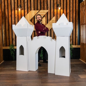 Giant Princess Castle , 5ft Tall Enchanted Playhouse , Gloss white fairytale fort, Folding Cardboard with Accessible Towers , Reusable White