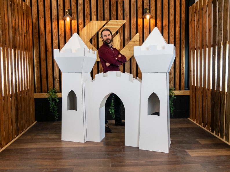 Giant Princess Castle , 5ft Tall Enchanted Playhouse , Gloss white fairytale fort, Folding Cardboard with Accessible Towers , Reusable White