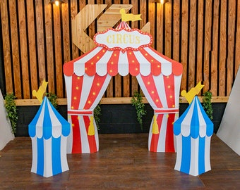 Circus Tent Stands, Huge 6FT Circus Themed Backdrop, 3 tents & sign included, Children's Party Display, folding Cardboard, Reusable