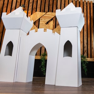 Giant Princess Castle , 5ft Tall Enchanted Playhouse , Gloss white fairytale fort, Folding Cardboard with Accessible Towers , Reusable image 9