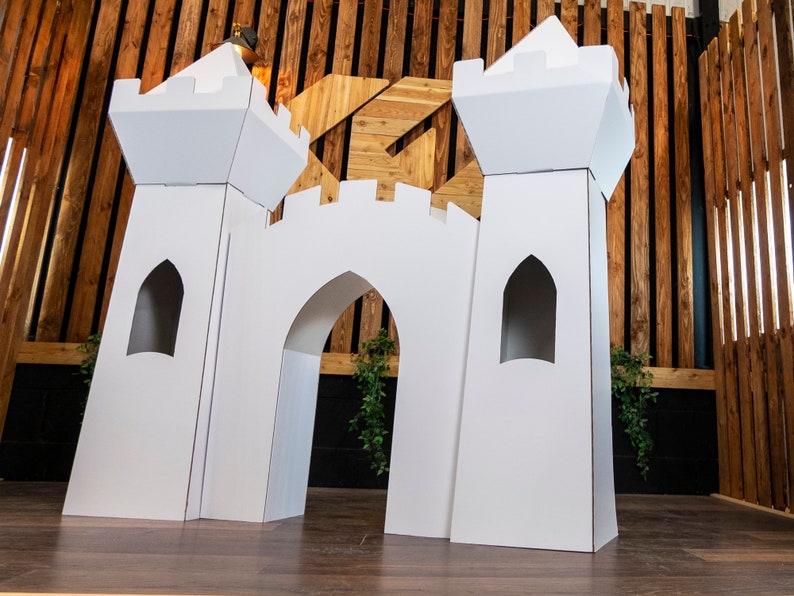 Giant Princess Castle , 5ft Tall Enchanted Playhouse , Gloss white fairytale fort, Folding Cardboard with Accessible Towers , Reusable image 9