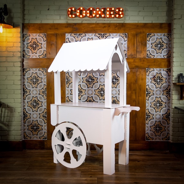 Candy Cart , Large 6ft Cake Stand , Mini Bar , Gloss White Sweet Cart , Heavy Duty Cardboard , Eco Friendly , Sturdy & Reusable