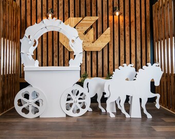 Horse and Carriage, X2 horses included, Enchanting Sweets & Treats table, Princess Fairy Tale Carriage, Gloss white Sturdy Cardboard