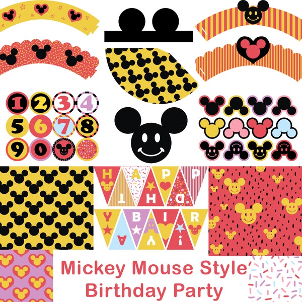 Mickey Mouse Birthday SVG, Mickey Mouse Party Decorations,  Cupcake Toppers, Mickey Mouse Party Table, Age Cake Topper
