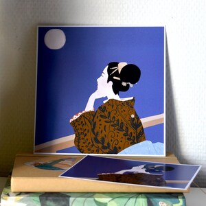Carte Illustration Chiyako, une Geisha rêveuse admirant la lune | A6 et Carré 17,5cm