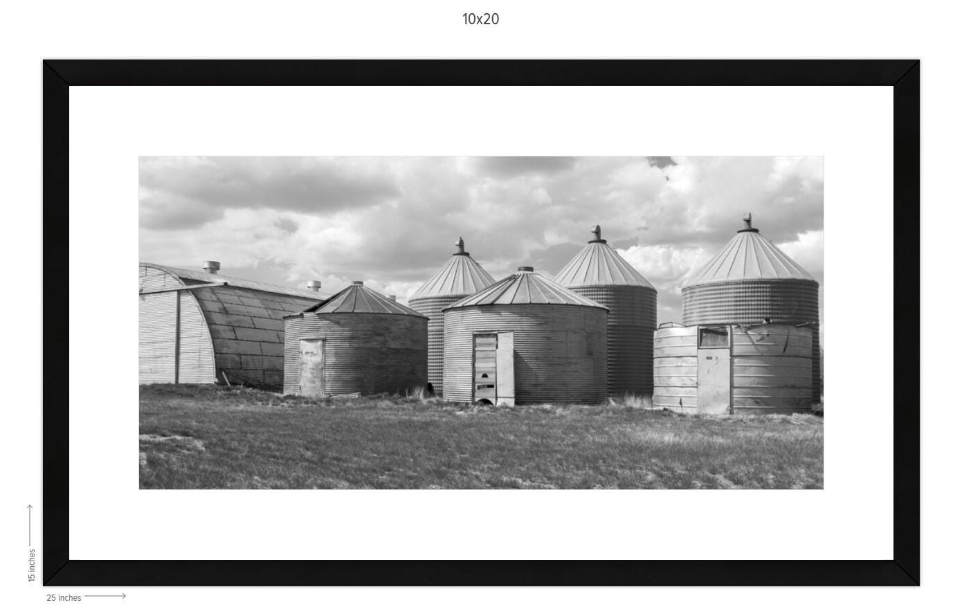 Framed Print 10x20 - Steel Sentinels - Rustic Farm Photography Print of Montana Grain Bins - Thumbnail 3