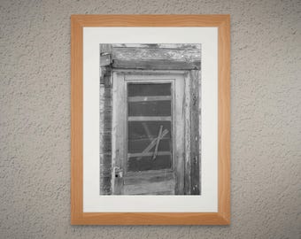 Crossed and Weathered - Black and White Rustic Screen Door from an Abandoned Montana Homestead - Unframed Print