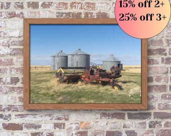 Unframed Photo Print - Montana Farm Print – Vintage Red Swather & Grain Bins