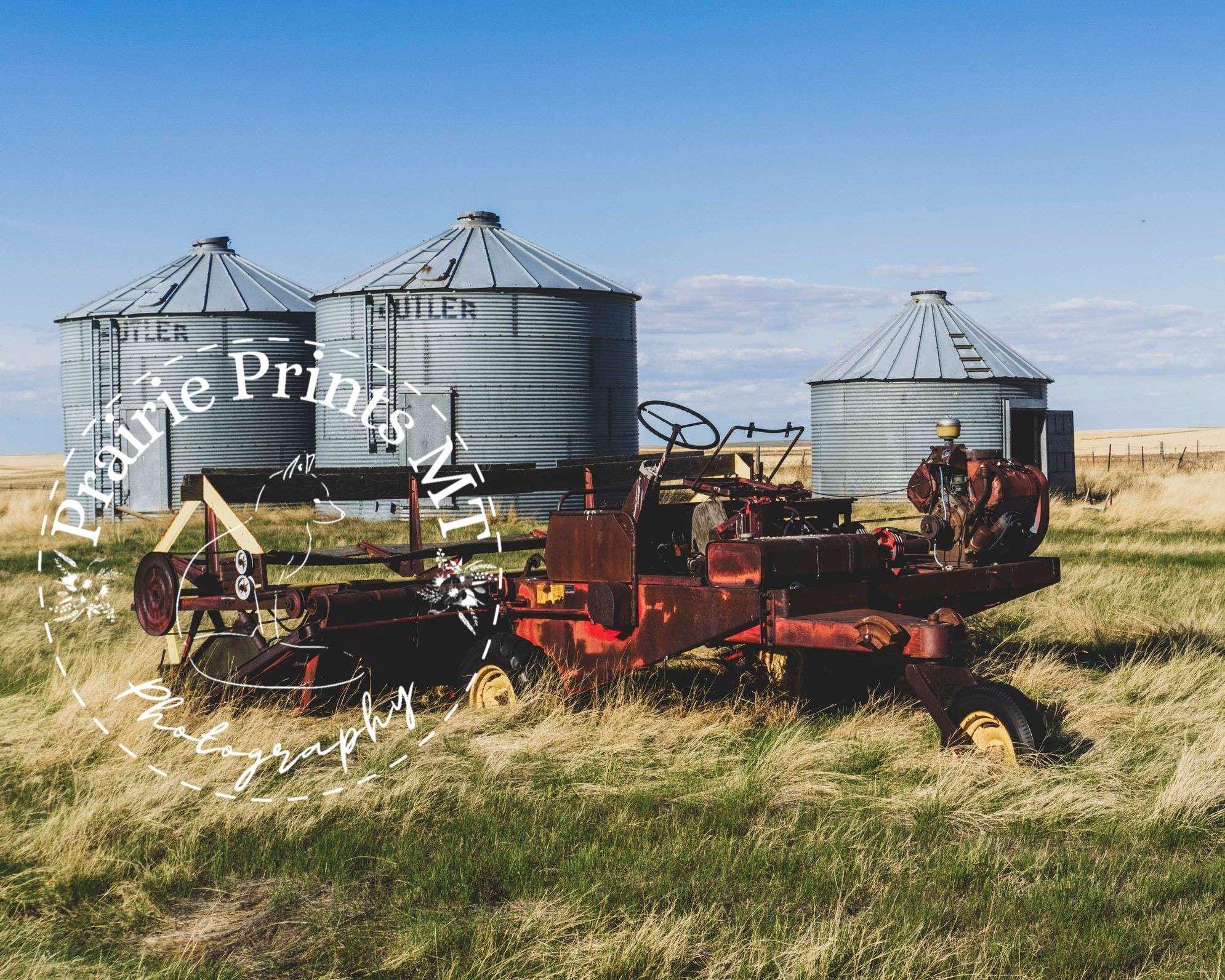 16x20 inches - Red Swather Farm Wall Art – Vintage Rural Montana Landscape Print for Rustic Country Decor - Red Swather and Butler Bins - Rural Montana Art