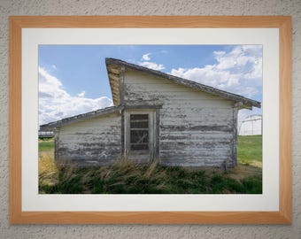 Rustic Farmstead Side Shed Art: Weathered White Paint, Nostalgic Charm - Unframed Print