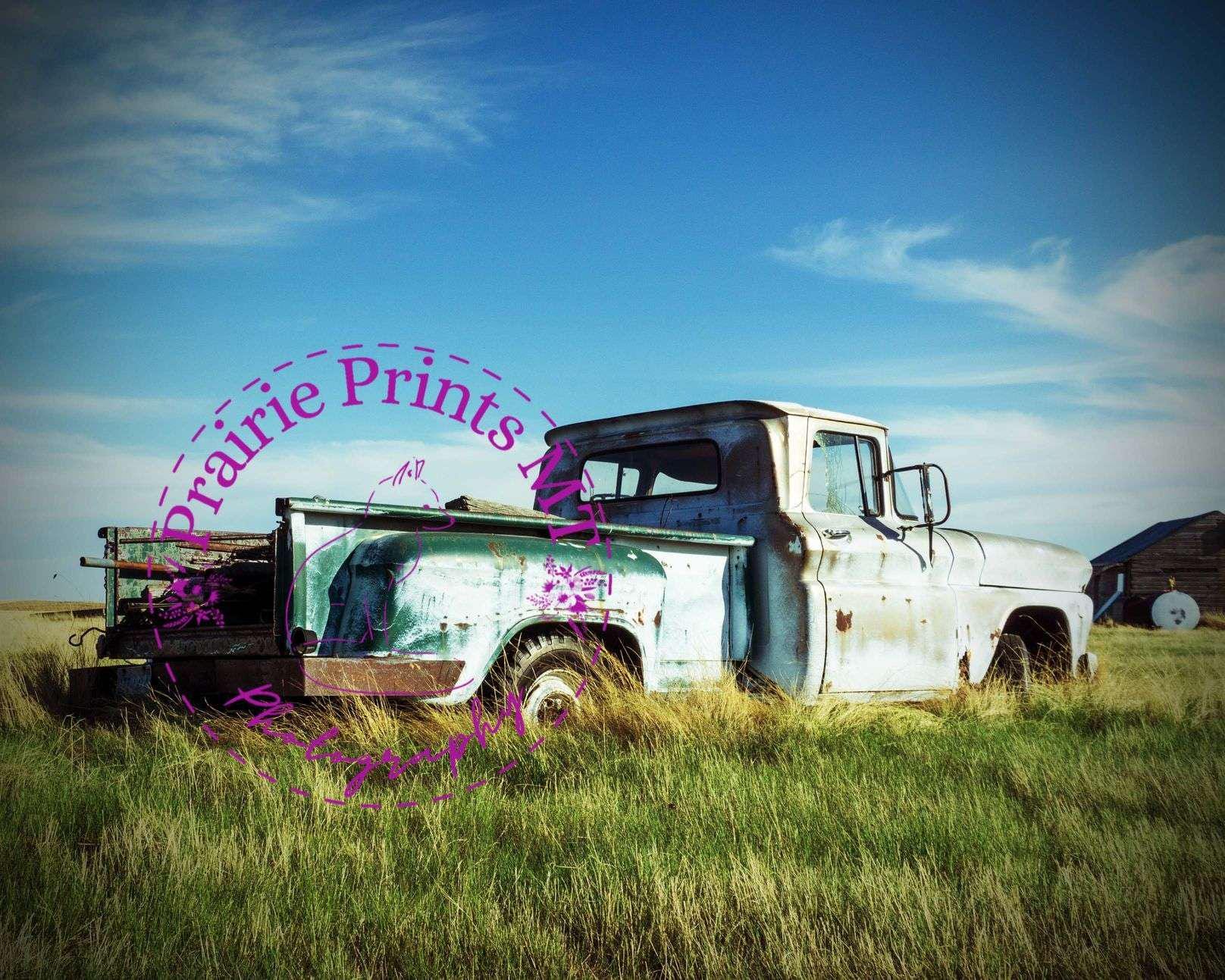 Rustic Vintage Truck Wall Art – Prairie Farm Landscape Print for Country & Western Decor - Rust in the Grass - Vintage Prairie Truck Print