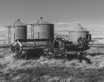 Massey Ferguson Combine and Grain Bins (B&W) Photo Print