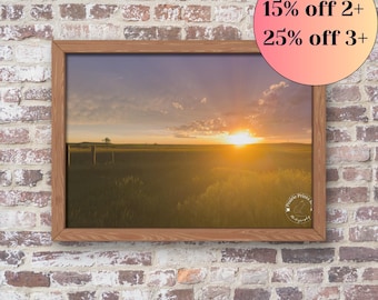 Montana Summer Sunset Landscape Wall Art Print, Rustic Prairie Scene, Warm Country Home Decor