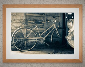 Unframed Photo Print - Vintage Bicycle & Classic Car Print: Rustic Garage Wall Art