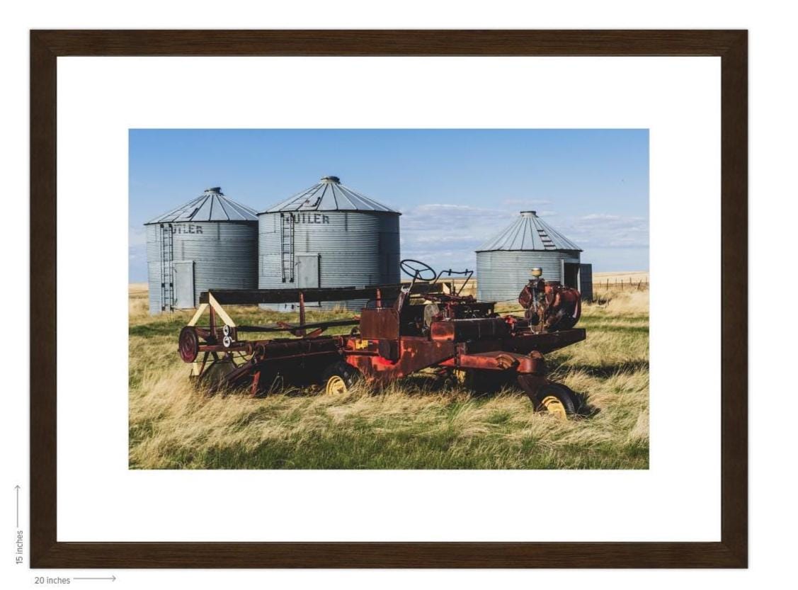 Framed Red Swather & Butler Bins Print – 10x15 Rural Montana Wall Art for Farmhouse, Rustic Entryway, Barn, or Country Home Decor - montana
