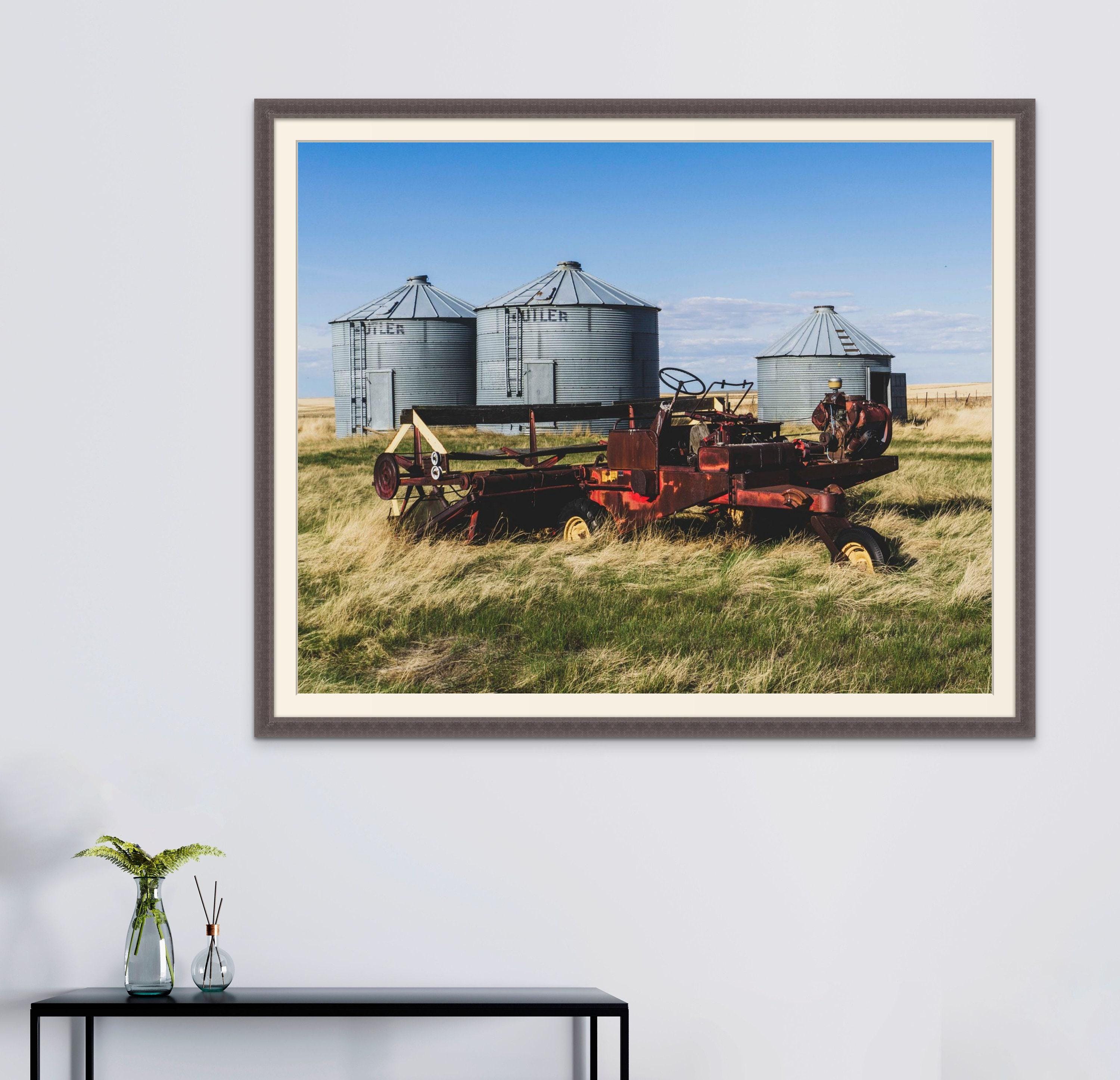 16x20 inches - Red Swather Farm Wall Art – Vintage Rural Montana Landscape Print for Rustic Country Decor - Red Swather and Butler Bins - Rural Montana Art - Thumbnail 2