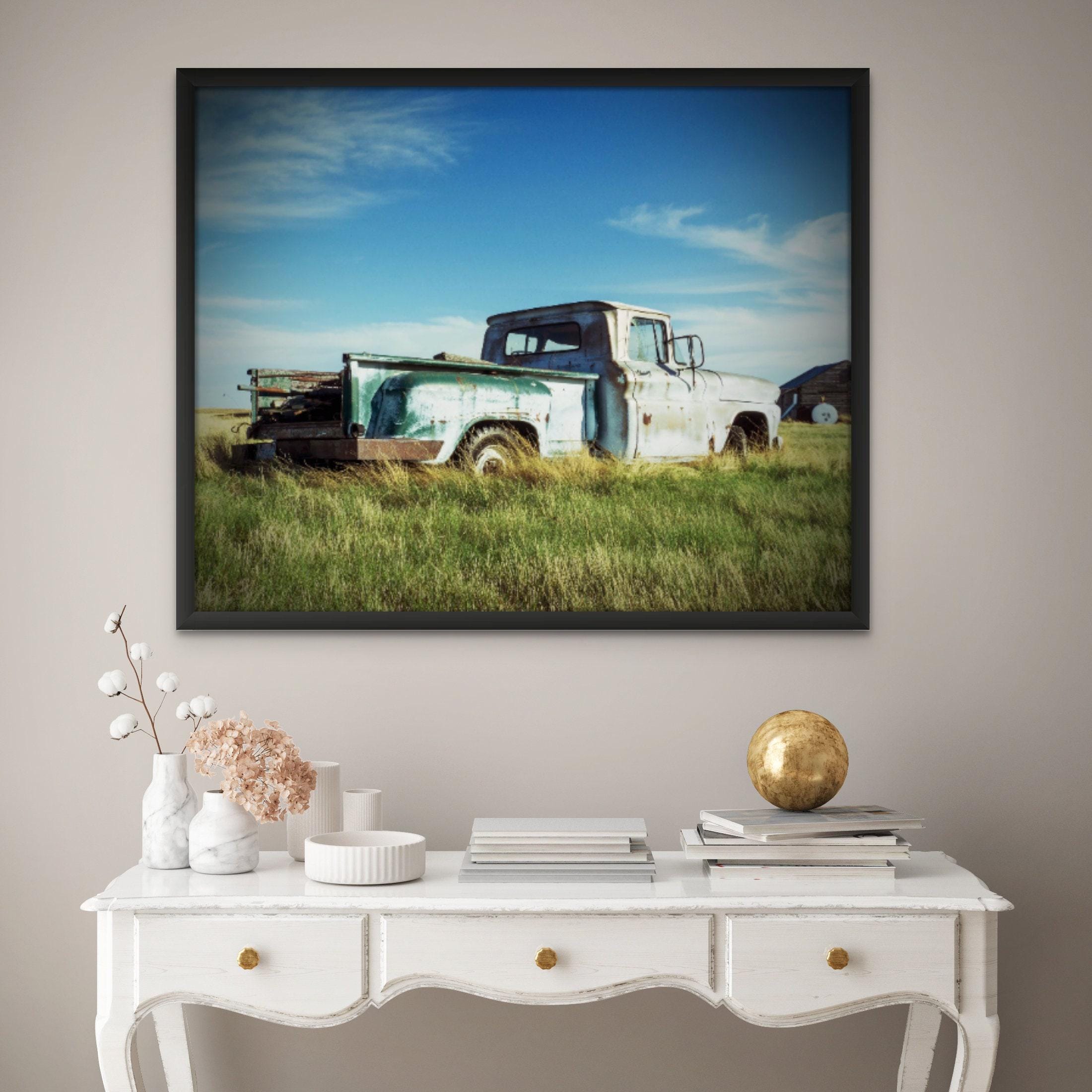 Rustic Vintage Truck Wall Art – Prairie Farm Landscape Print for Country & Western Decor - Rust in the Grass - Vintage Prairie Truck Print - Thumbnail 2