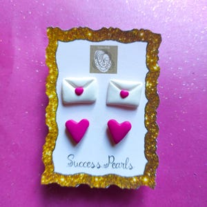 Pendientes de cartas de amor, sobre, regalo de amante, día de San Valentín, Fimo, arcilla polimérica, regalo de aniversario de joyería de corazón rosa