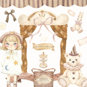 Könnte beinhalten: Aquarellillustration mit Vintage-Zirkus-Thema. Das Bild zeigt eine Puppe, einen Teddybären, ein Karussell und ein Kaninchen. Die Farbpalette besteht aus sanften Brauntönen, Rosa und Cremetönen, mit dem Text "Vintage Circus" auf einem Banner.