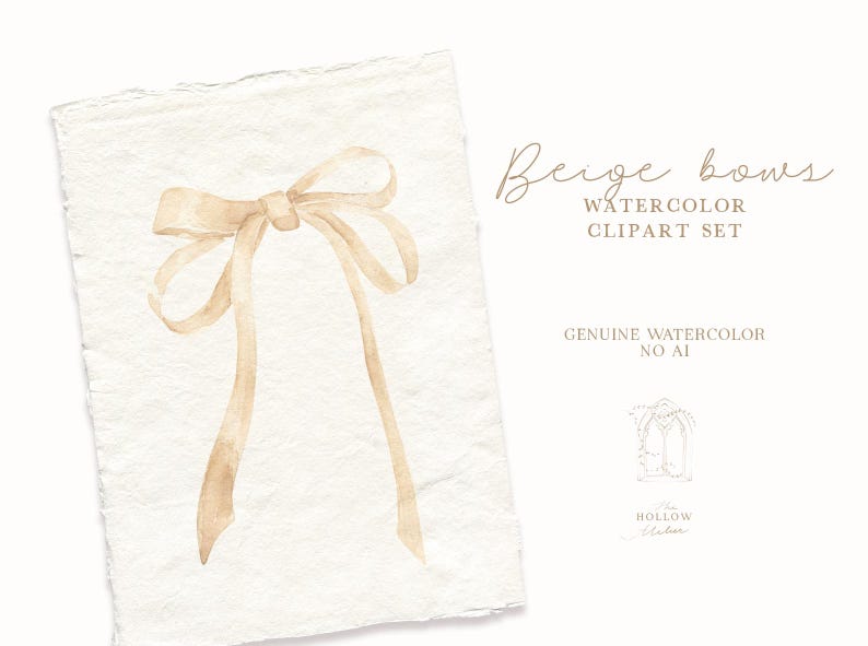 Peut inclure: Ensemble de cliparts aquarelle avec un n&oelig;ud beige sur papier textur&eacute; blanc cass&eacute;. Le n&oelig;ud a de longs rubans fluides. Le texte "Beige bows WATERCOLOR CLIPART SET" est &eacute;crit dans une &eacute;criture d&eacute;licate. Les mots "GENUINE WATERCOLOR NO A1" sont &eacute;galement visibles.