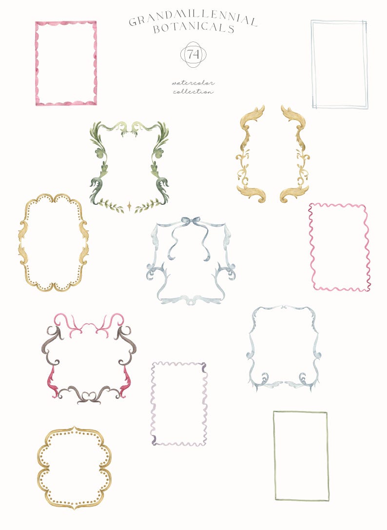 A delicate watercolor clipart collection of grandmillennial-style botanical illustrations featuring vintage flowers, ornamental frames, retro backgrounds, and coquette decorative elements in preppy pastel colors — ideal for invitations, feminine branding, journaling, or scrapbooking. grandmillennial art, coquette clipart, preppy flowers, vintage florals, botanical frame, aesthetic clipart, romantic borders, cottagecore diy, floral paper, floral clipart, coquette aesthetic, grandmillennial style,