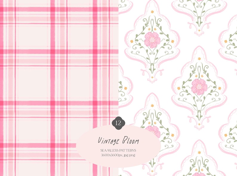 Vintage Bloom is a seamless pattern collection featuring 12 high-resolution pastel digital papers inspired by the grandmillennial, coquette, preppy and cottagecore aesthetics. Perfect for digital scrapbooking, planner stickers, sublimation, stationery design, and handmade crafts.
