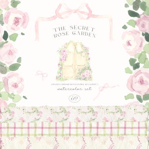 Puede incluir: Un conjunto de acuarelas digitales titulado The Secret Rose Garden con rosas rosadas, follaje verde, una ilustración central de una puerta arqueada y cintas decorativas. El diseño incluye texto, bordes florales y tiras de papel con patrones.