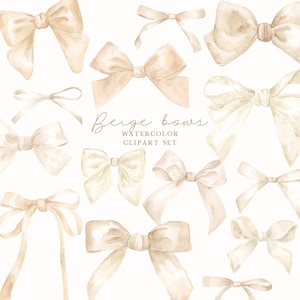 Peut inclure: Ensemble de cliparts aquarelle repr&eacute;sentant divers n&oelig;uds beiges. Les n&oelig;uds sont peints dans des tons cr&egrave;me et beige, avec des d&eacute;tails d&eacute;licats et des textures douces. Le texte "Beige bows WATERCOLOR CLIPART SET" est &eacute;galement inclus.