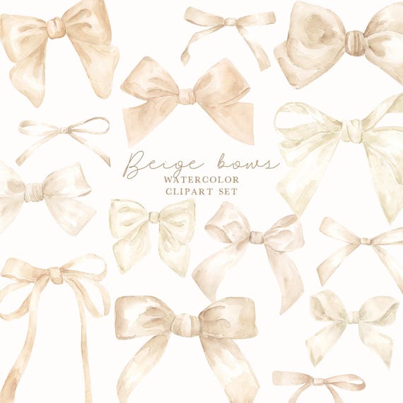 Beige Bows Clipart Watercolor | Elegant Cream Ribbon Clip Art Set | Soft Neutral Hand Painted Bow PNG Shabby Chic Clipart