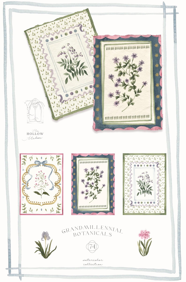 A delicate watercolor clipart collection of grandmillennial-style botanical illustrations featuring vintage flowers, ornamental frames, retro backgrounds, and coquette decorative elements in preppy pastel colors — ideal for invitations, feminine branding, journaling, or scrapbooking. grandmillennial art, coquette clipart, preppy flowers, vintage florals, botanical frame, aesthetic clipart, romantic borders, cottagecore diy, floral paper, floral clipart, coquette aesthetic, grandmillennial style,