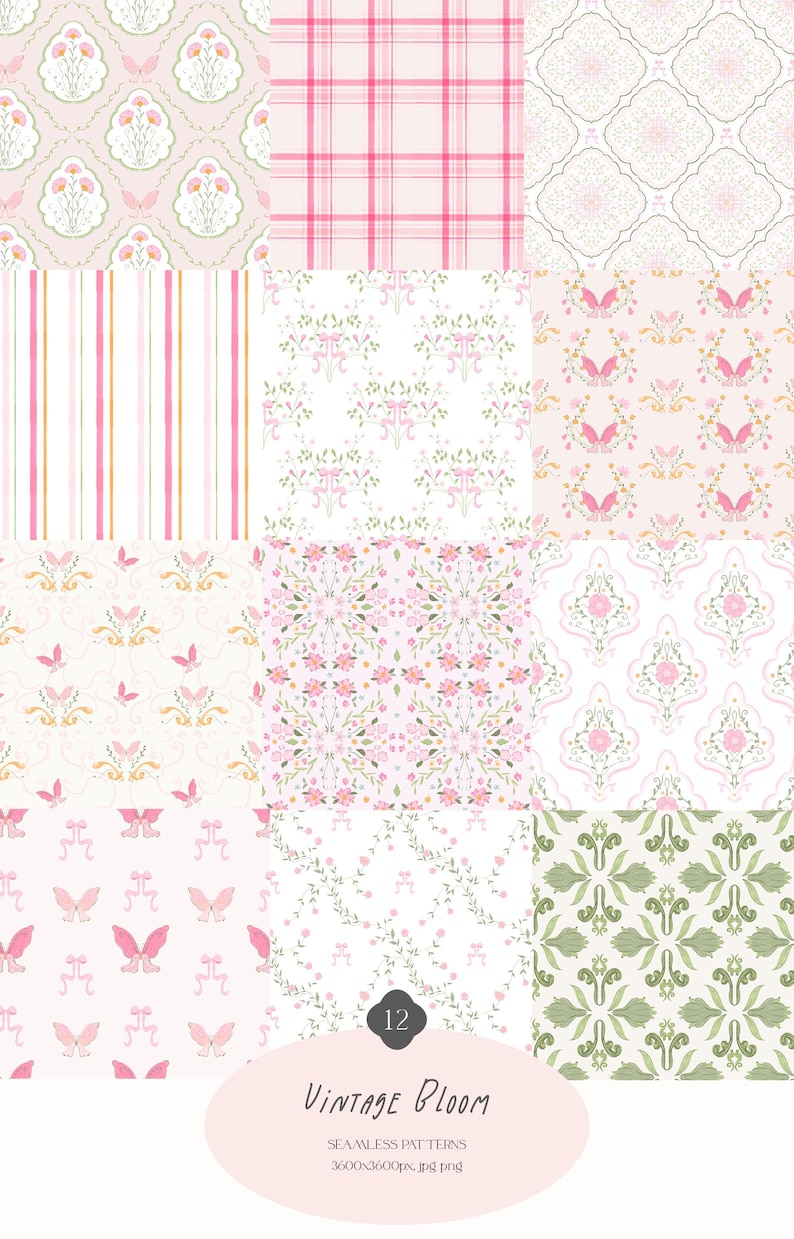 Vintage Bloom is a seamless pattern collection featuring 12 high-resolution pastel digital papers inspired by the grandmillennial, coquette, preppy and cottagecore aesthetics. Perfect for digital scrapbooking, planner stickers, sublimation, stationery design, and handmade crafts.