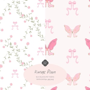 Vintage Bloom is a seamless pattern collection featuring 12 high-resolution pastel digital papers inspired by the grandmillennial, coquette, preppy and cottagecore aesthetics. Perfect for digital scrapbooking, planner stickers, sublimation, stationery design, and handmade crafts.